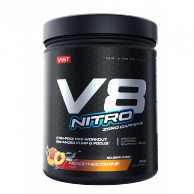 Varbūt V8 Nitro Ultimate sūknis un fokusa pastiprinātājs, persiku nektarīns - 364G – madala kalorsusega toode firmalt VAST, osta SportFit-ist