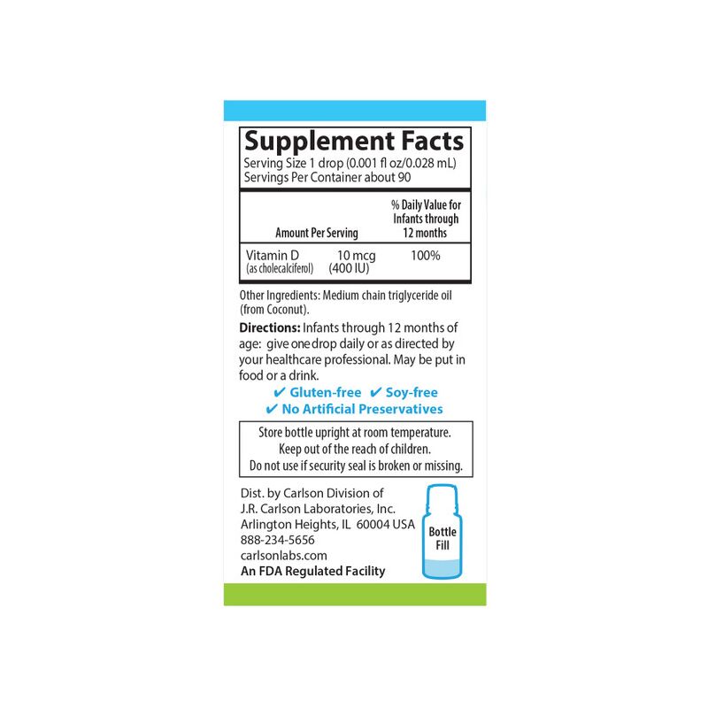 Vitamine D3 Pour Enfants Carlson Labs - 400 UI - 365 Gouttes (10,3 Ml) - Neuf