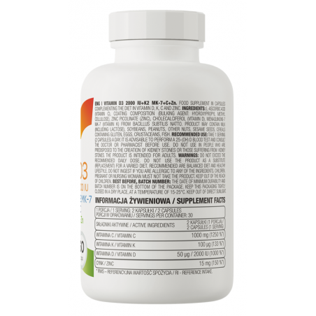 Ostrovit vitamīns D3 2000 SV + K2 MK-7 + C + cinc-60 kapsulas