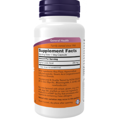 Tagad pārtikas produkti alfa liposkābe, 250 mg - 120 vegānu kapsulas – madala kalorsusega toode firmalt NOW, osta SportFit-ist