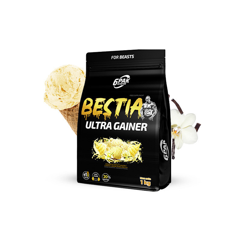6Pak Bestia Ultra Gainer, garša: vaniļas saldējums - 1000 g