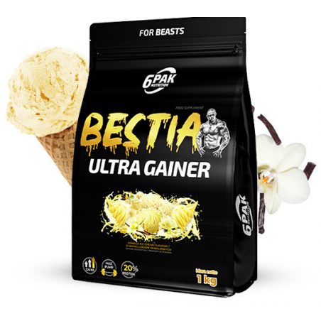 6Pak Bestia Ultra Gainer, garša: vaniļas saldējums - 1000 g