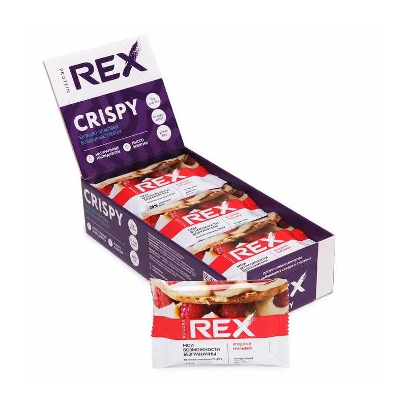 Olbaltumvielu rex kraukšķīgais olbaltumvielu-seriāla-snack, ogu-milfeiulle-55 g