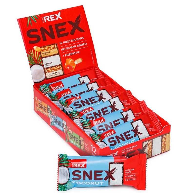 Olbaltumvielu rex snex stiklots batons, kokosrieksts - 40 g