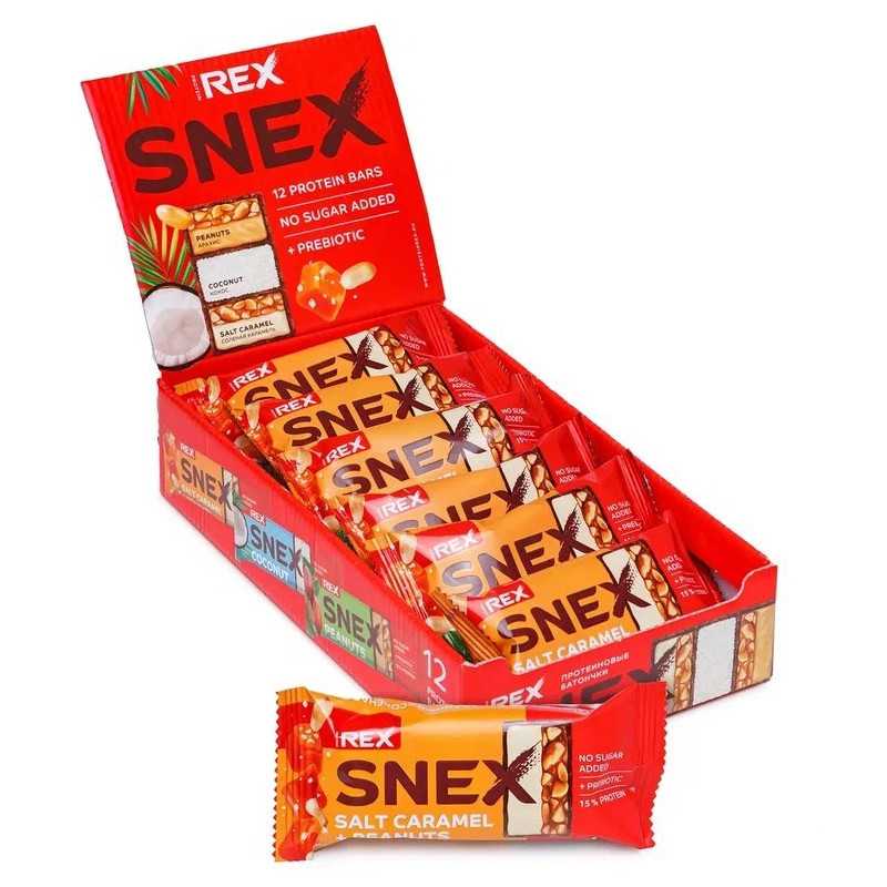 Olbaltumvielu rex snex stiklots batons, sāls karamele - 50 g