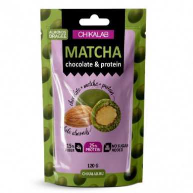 „Chikalab Drageee“ „Migdolai baltame šokolade su„ Matcha “arbata“, 120 gr – madala kalorsusega toode firmalt Chikalab, osta SportFit-ist