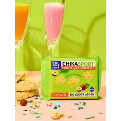 CHIKALAB Шоколад протеиновый белый с фундуком и кукурузными чипсами, 100 г – низкокалорийный продукт от Chikalab, купить в SportFit