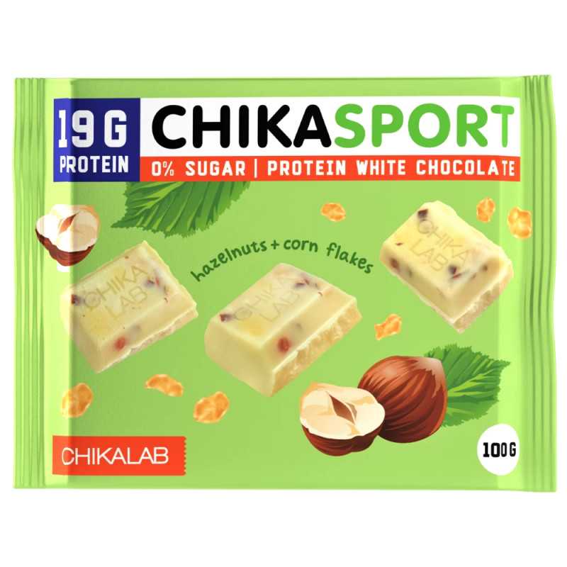 CHIKALAB Шоколад протеиновый белый с фундуком и кукурузными чипсами, 100 г CHIKALAB Шоколад протеиновый белый с фундуком и кукурузными чипсами, 100 г