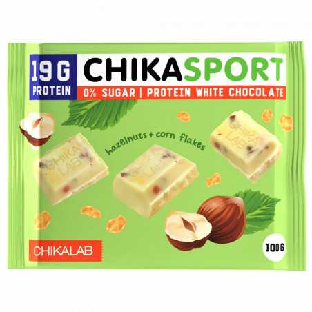 „Chikalab“ balto baltymo šokoladas su lazdyno riešutais ir kukurūzų traškučiais, 100 g