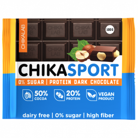 „Chikalab Chikasport“ tamsiojo baltymo šokoladas su riešutais, 100 g