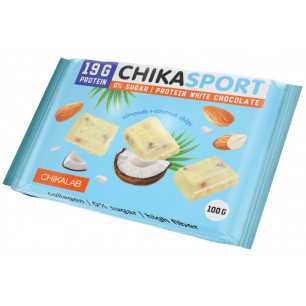 Chikalab White Protein -suklaa manteleilla ja kookospähkinöillä, 100 g