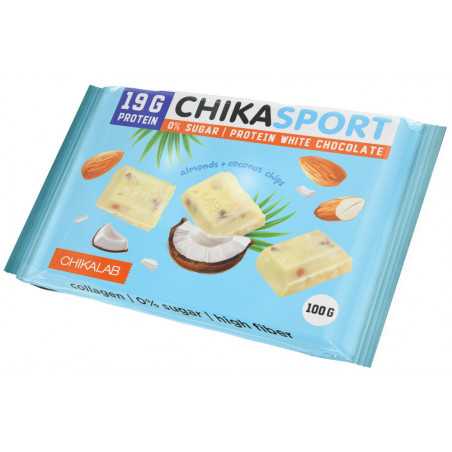 Chikalab White Protein -suklaa manteleilla ja kookospähkinöillä, 100 g