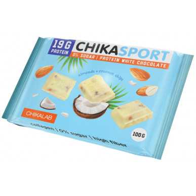 „Chikalab“ balto baltymo šokoladas su migdolais ir kokosu, 100 g – madala kalorsusega toode firmalt Chikalab, osta SportFit-ist