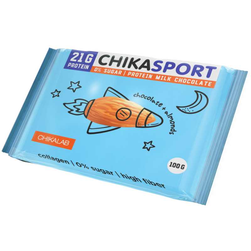 „Chikalab Chikasport“ baltymų šokoladas su migdolais, be cukraus, 100 g