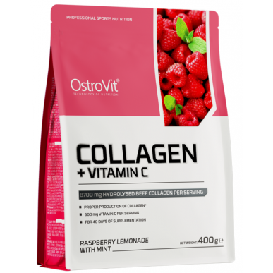 OSTROVIT Collagen + Vitamin C, raspberry-mint, 400 g – low-calorie product from Ostrovit, buy in SportFit