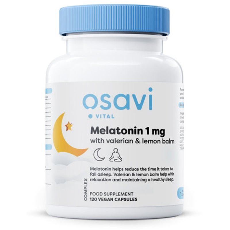Melatoninas su valerijonu ir melisa, 1 mg — 120 kapsulių Melatoninas su valerijonu ir melisa, 1 mg — 120 kapsulių