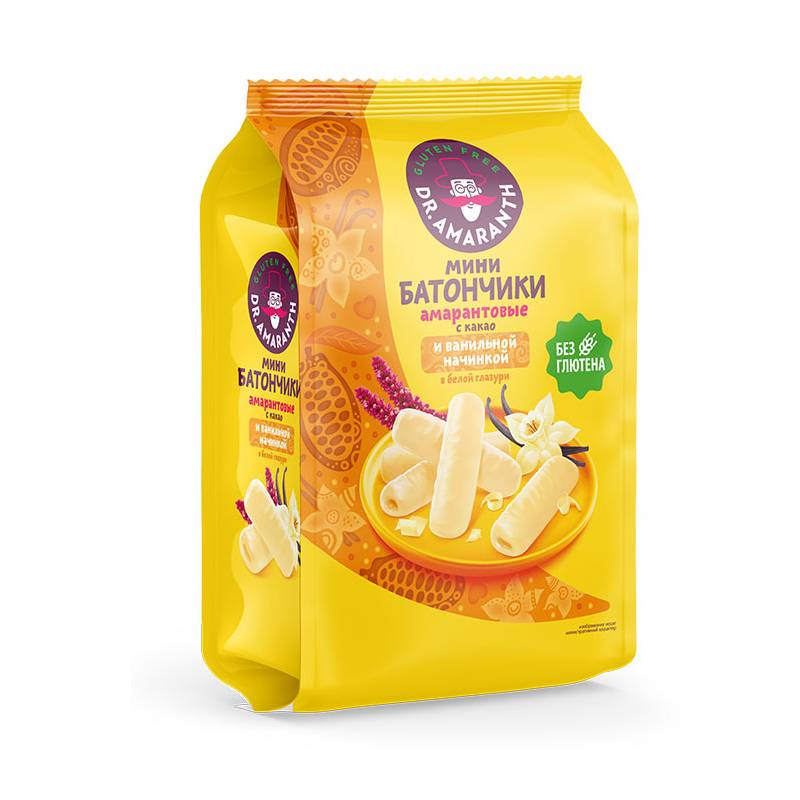 Мини-батончики «Dr.AMARANTH» с какао и ванильной начинкой в белой глазури - 100г Мини-батончики «Dr.AMARANTH» с какао и ванильной начинкой в белой глазури - 100г
