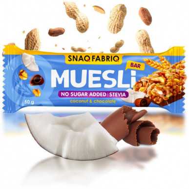 „SNAQ Fabriq Muesli“ baras su pieno šokoladu „kokosu“, 50 g – madala kalorsusega toode firmalt Snaq Fabriq, osta SportFit-ist