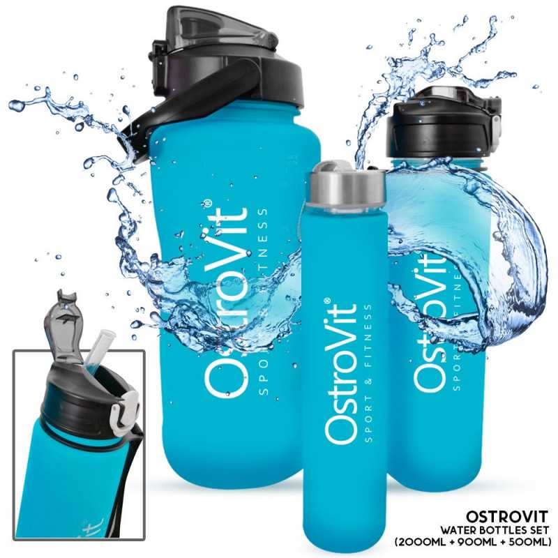 Ūdens pudeles 2000 ml + 900 ml + 500 ml "ostrovit", zilā krāsā Ūdens pudeles 2000 ml + 900 ml + 500 ml "ostrovit", zilā krāsā